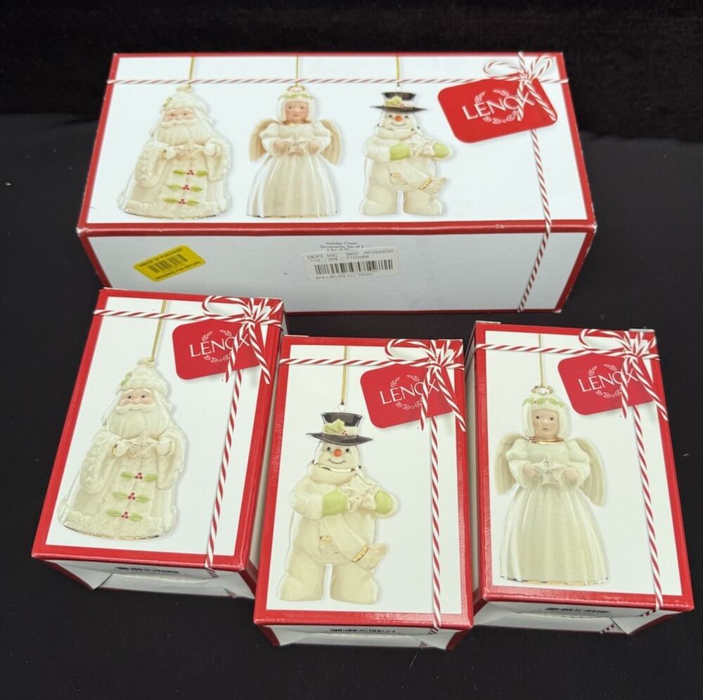 3ct Lenox Holiday Cheer Santa Snowman Angel Ornaments 24K Gold Accents New S1